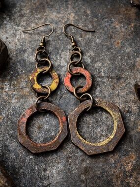 Rustic Yellow and Orange Metal Link Drop Earrings -